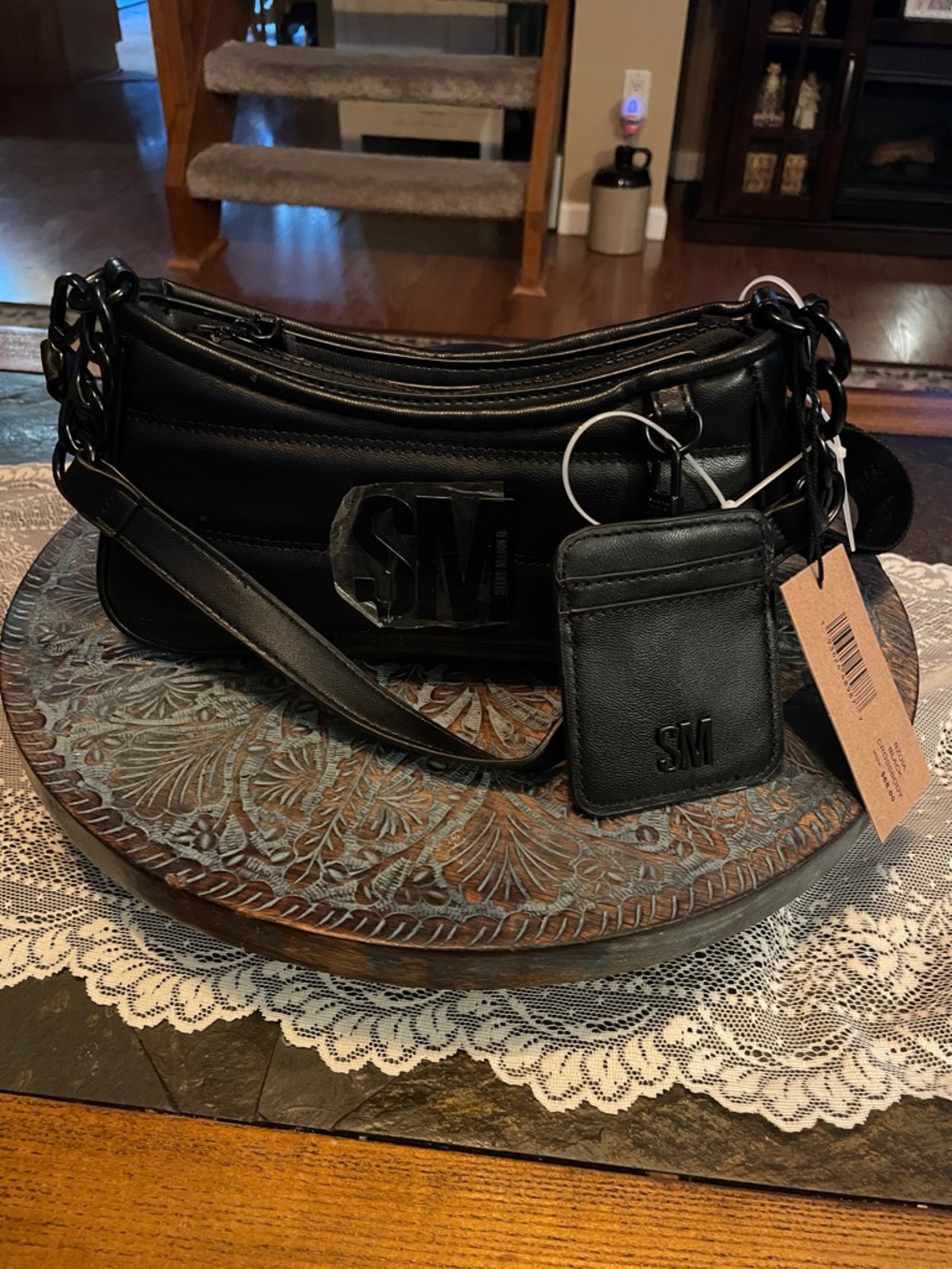 Black Steve Madden Logo Shoulder Bag with Card Holder and Round Purse